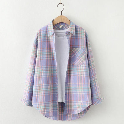 Fresh Flannel Plaid Shirt Women 2026 New Female Blouses and Tops Cotton Loose Long Sleeve Casual Shirts Fine Women's Clothes