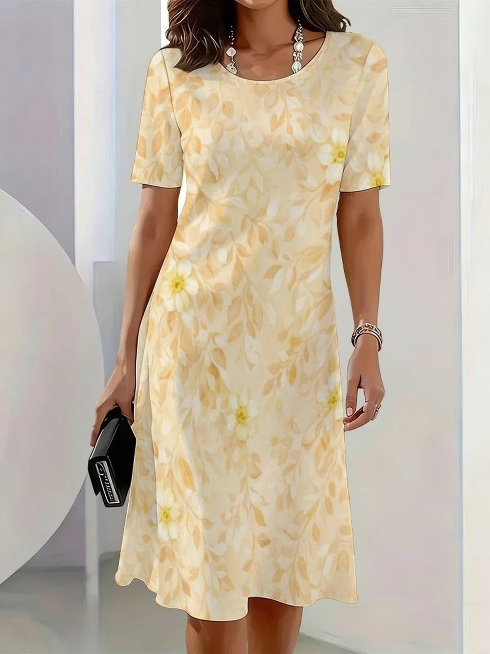 2026 New Elegant Floral Print Dresses for Women Round-Neck Short Sleeve Female Clothing Summer Travel Vacation Clothes for Woman