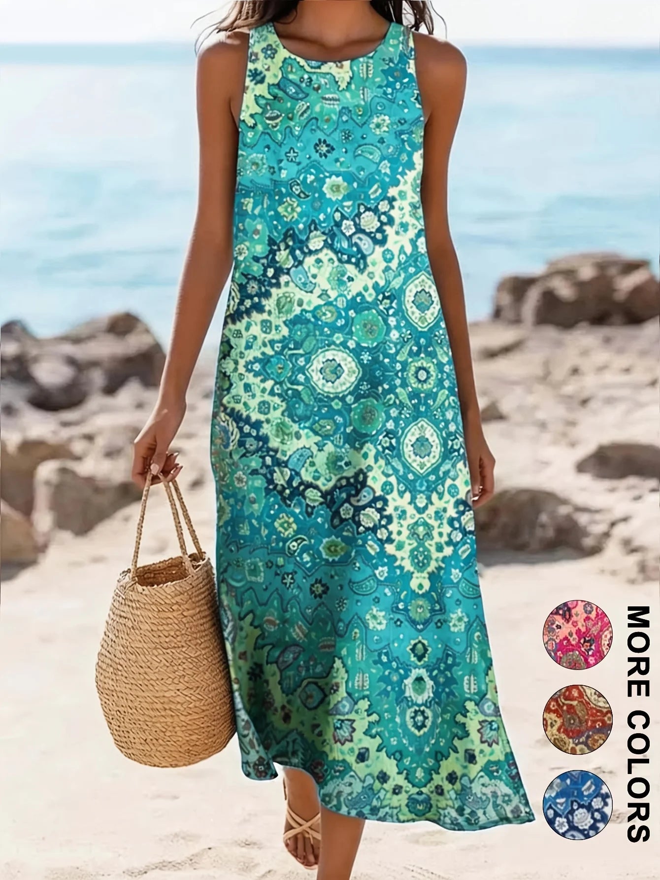 2026 Women's Sleeveless Bohemian Floral Casual Beach MIDI Sundress With Pockets Flowing and Loose Sweetheart Rustic Country