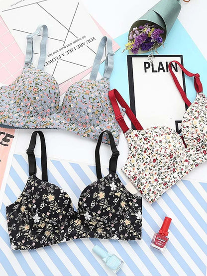 Women Lingerie Seamless Adjustable Bra Sexy Comfortable Nylon Flower Print One-Piece Underwear  Breathable