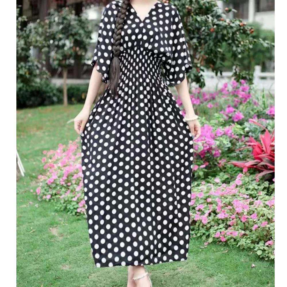 Women Bohemian Ethnic Printed Holiday Dress V-Neck Elastic Waist Casual Batswing Sleeve Mid Dress Elegant Vintage Retro Dress