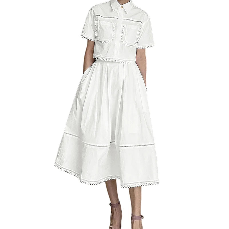 ZANZEA Women's Summer Lace Patchwork 2-Piece Sets Collared Short Sleeve Cropped Blouse & A-Line Midi Skirt Suits Commute Outfit