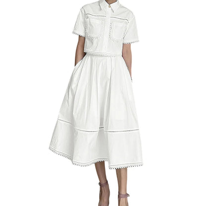 ZANZEA Women's Summer Lace Patchwork 2-Piece Sets Collared Short Sleeve Cropped Blouse & A-Line Midi Skirt Suits Commute Outfit