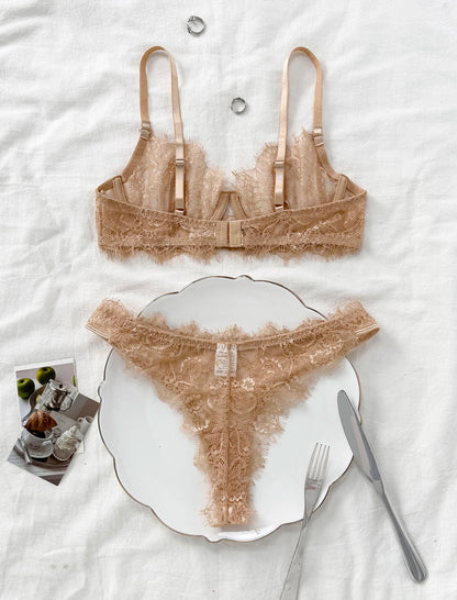 Ladies' Basic Style Thin Lace Bra And Panty Set Seamless Single Layer Eyelet Underwear Comfortable Intimate Apparel