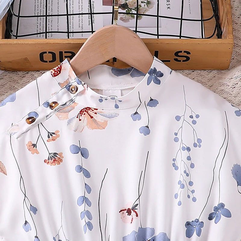 Kids Dress For  8-12 Years Girls White Crew Neck Sleeveless Floral Dress & Belt Elegant Beach Holiday Children's Clothing