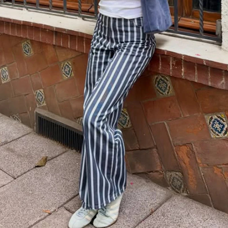 HXAO Striped Denim Pants Women's Pants Summer 2026 Baggy Wide Leg Mid Waist Jeans Office Wear Women Chic Loose Straight Trousers