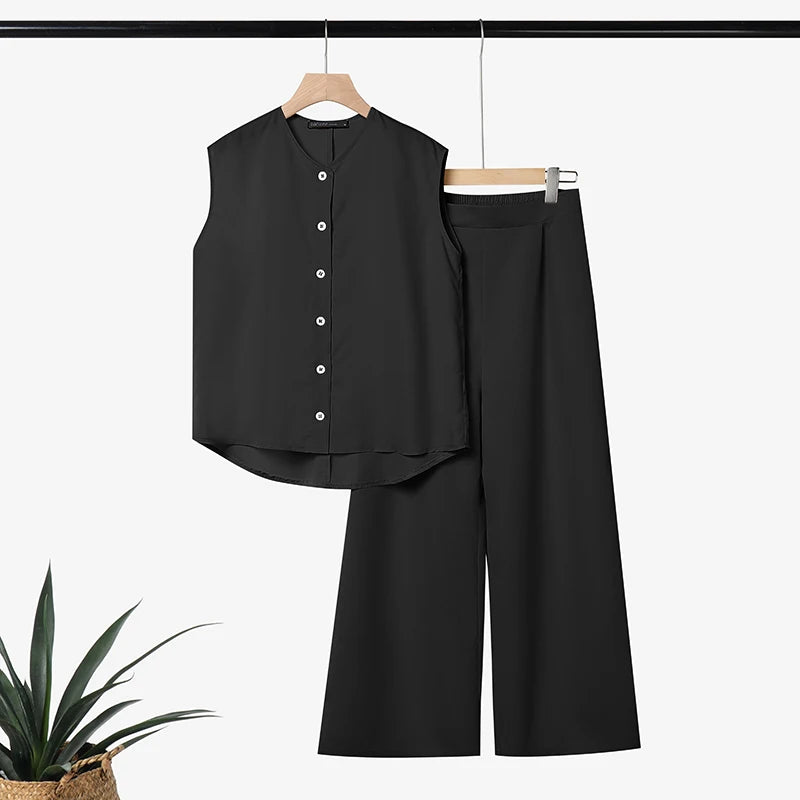 ZANZEA Summer Women 2 Pieces Sets Casual Solid Color OL Work Outfits O Neck Sleeveless Tanks Tops Pants Suit Loose Matching Sets