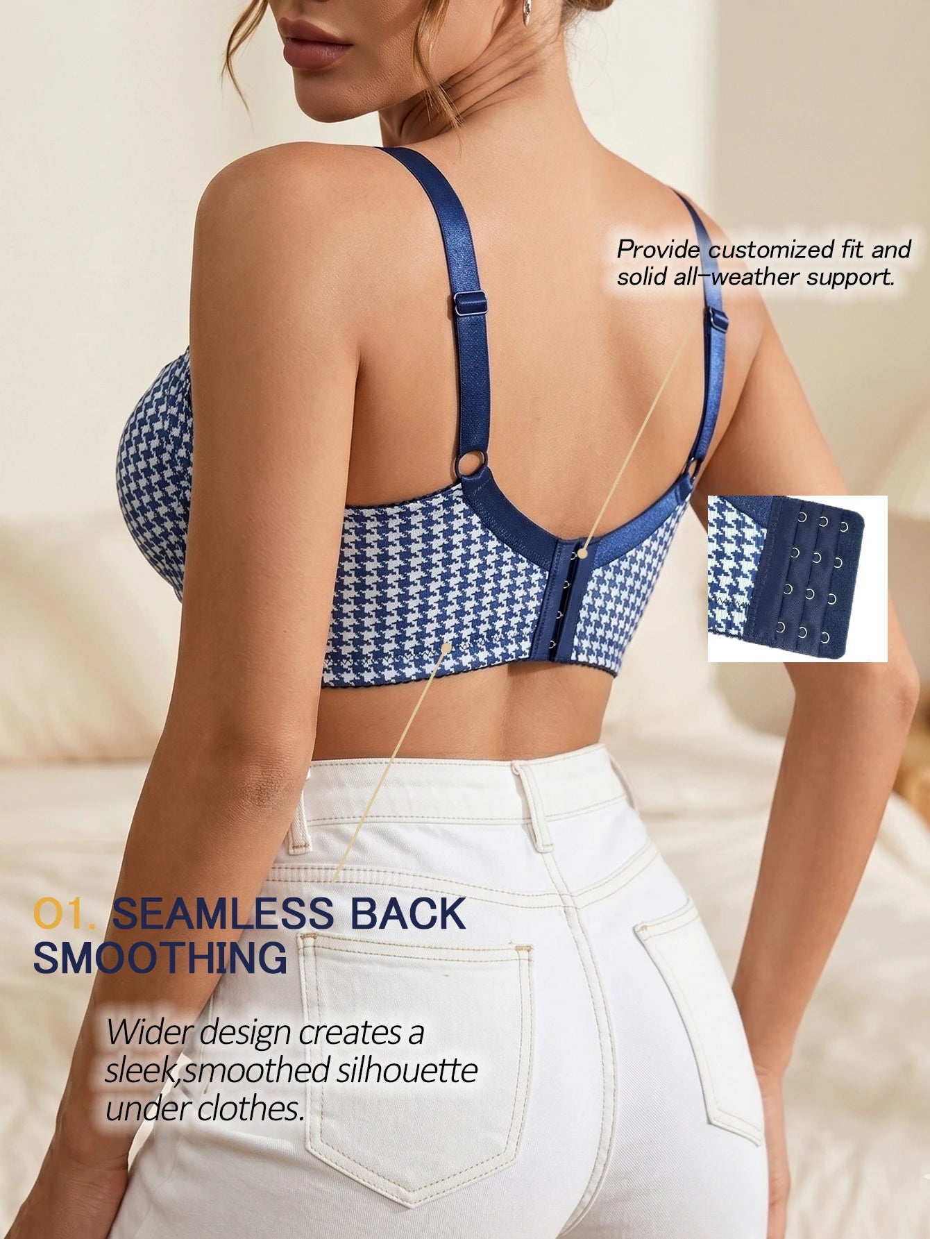 Women Houndstooth Push Up Bra Underwire Wide Side Band Gathering Everyday Thin Cup Comfortable Bra