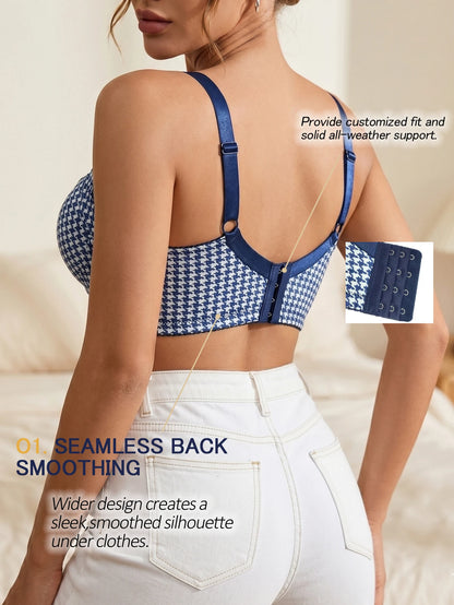 Women Houndstooth Push Up Bra Underwire Wide Side Band Gathering Everyday Thin Cup Comfortable Bra