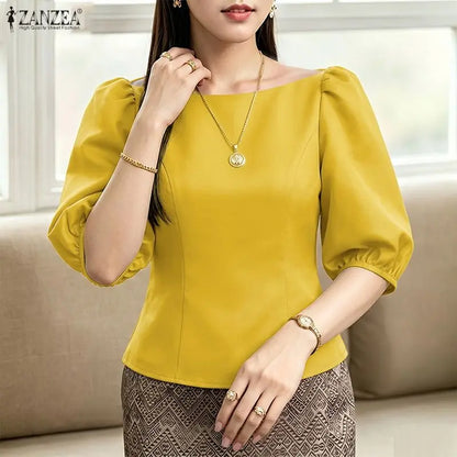 ZANZEA Woman Elegant Satin Blouses Boat Neck Puff Sleeves Princess Seams Solid Color Crop Tops Summer Graceful Party Blusa Mujer