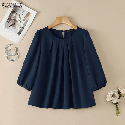 Casual ZANZEA Summer Autumn Women Blouse Elegant 3/4 Lantern Sleeve Pleated O-Neck Solid OL Work Party Tunic Tops Blusas