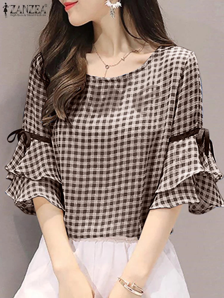 ZANZEA Womens Vintage Gingham Blouses Elegant O-Neck Lace-Up 3/4 Ruffles Sleeve Blusas Mujer Summer 2025 Day Wear Tunic Tops