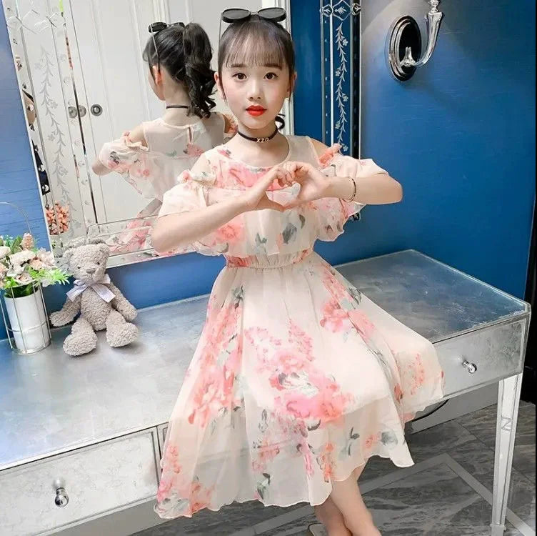Thin Girl Summer Dress Robe Fille Floral Chiffon Princess Dress Children's Clothing Summer Girls Casual Dresses Kids Vestidos