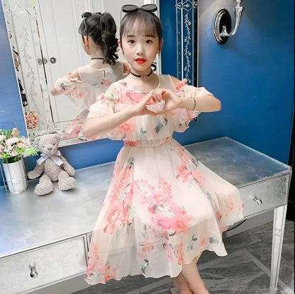 Thin Girl Summer Dress Robe Fille Floral Chiffon Princess Dress Children's Clothing Summer Girls Casual Dresses Kids Vestidos