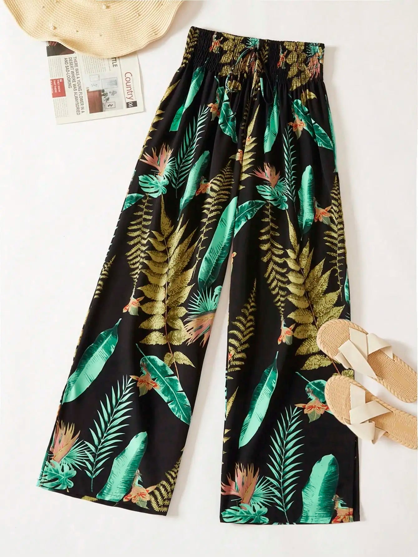 Women's Tropical Leaf Print Wide Leg Pants, Casual Elastic Waist Drawstring Palazzo Trousers For Ladies