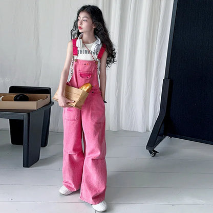 2026 summer Kids Overalls Jeans for Girls Child Denim Jumpsuit Pockets spring Teens lady Suspender Trousers 5 9 12 year