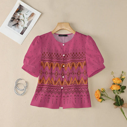 ZANZEA Elegant Ethnic Style Printing Blouses Woman Short Puff Sleeve Button Up O-Neck Shirts Summer Fitted Waist Blusas de Mujer