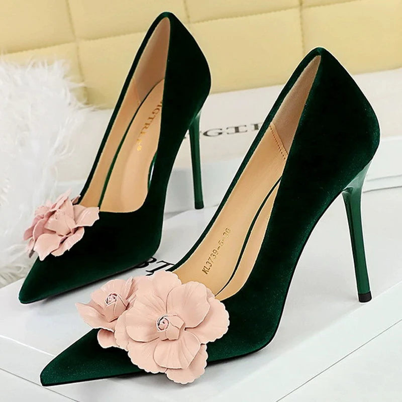 Fashiona High Heels 9.5 cm Color Blocked Flowers Women Pumps Thick Suede Elegant Banquet Shoes Stilettos Heeled Shoes Woman 2026