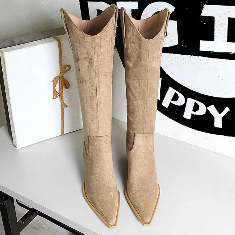 BIGTREE Shoes Women Knee-High Boots Autumn Winter Shoes High Boots Suede Middle Heel Pointed Tip Women Boots Botas Para Mujer