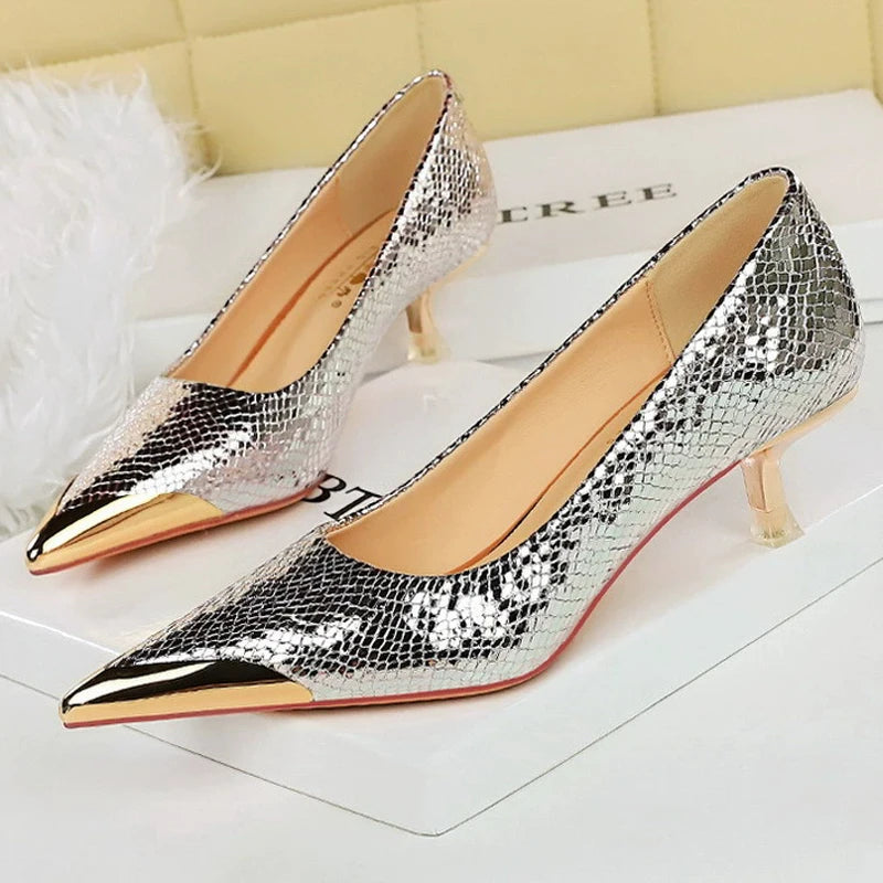 BIGTREE Shoes 4.5 Cm Women Kitten Heels Sequin Cloth Snake Pattern Middle Heeled Shoes Metal Pointed Tip Women Pumps Fashion