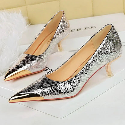BIGTREE Shoes 4.5 Cm Women Kitten Heels Sequin Cloth Snake Pattern Middle Heeled Shoes Metal Pointed Tip Women Pumps Fashion
