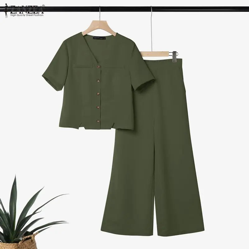 ZANZEA Women's Casual Pant Sets Summer Wide Leg Pant & V-Neck Short Sleeve Shirt 2 Pieces Suits Commute Solid Color Outfits