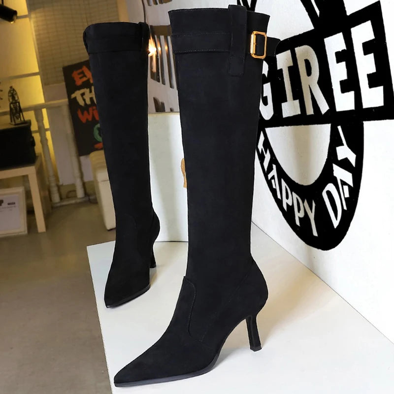 BIGTREE Shoes 2026 New Women Knee-high Boots Wrinkled High-heeled Long Boots Pointed Belt Buckle Autumn Winter Boots Stilettos