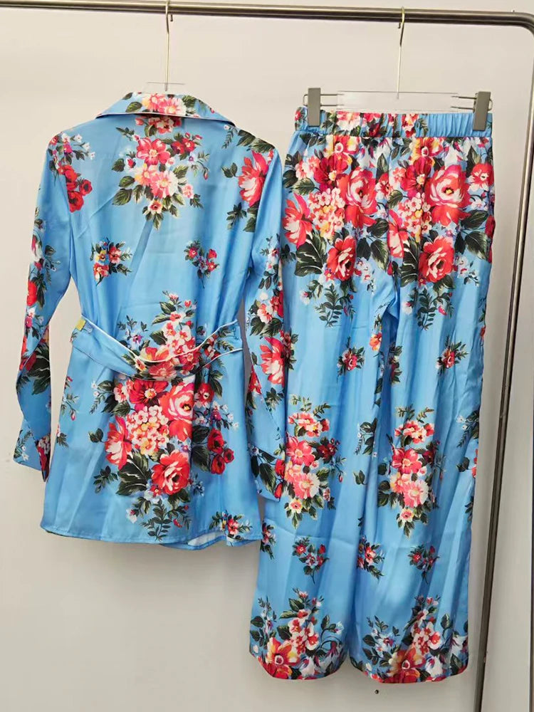 2026 Spring Women's Retro Geometric Printed Pajama Style Shirt Two Piece Set+Elastic Waist Loose Wide Leg Pants Fashion Set