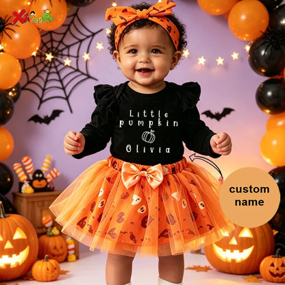 Halloween Outfit One Little Pumpkin Name My First Halloween Baby Girl 1st Ruffle Long Sleeve Romper Tutu Skirt Set Party Costume