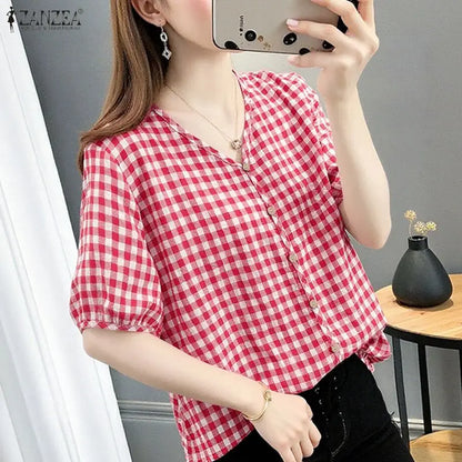 ZANZEA Women Loose Gingham Shirts Vintage Half Puff Sleeve V-Neck Button Up Tops Summer Daily Casual Plaid Blusas de Mujer