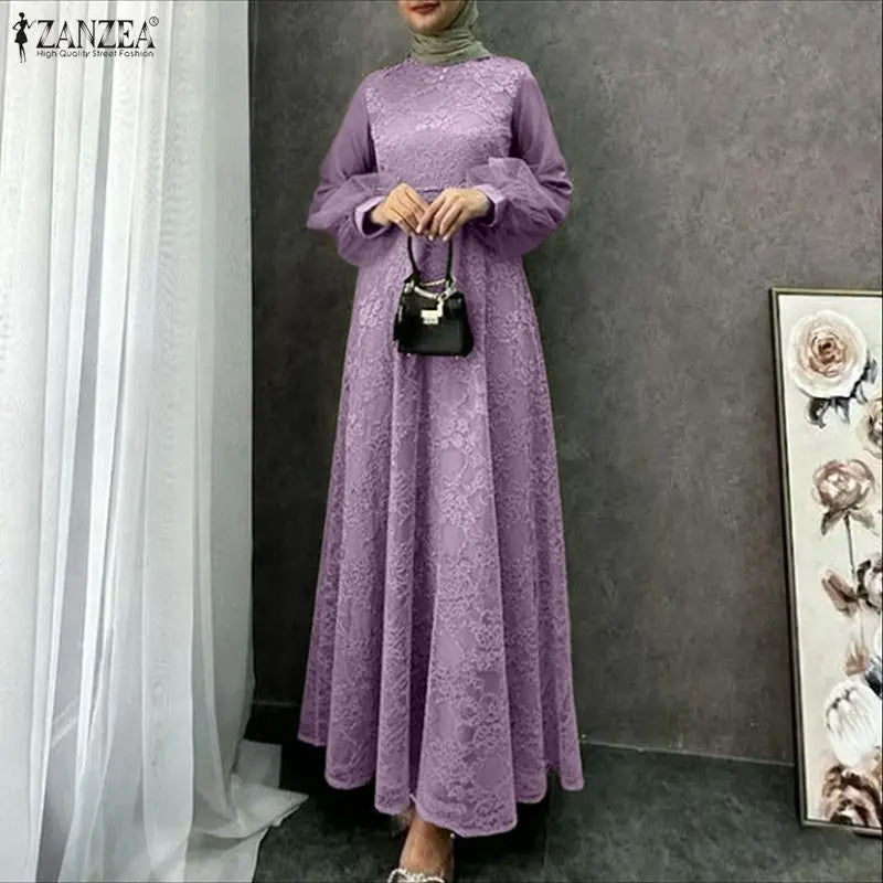 Fashion Muslim Abaya ZANZEA 2026 Spring Lace Patchwork Dresses Women Elegant Party Dress Long Sleeve Mesh Sundress Ramadan Robe