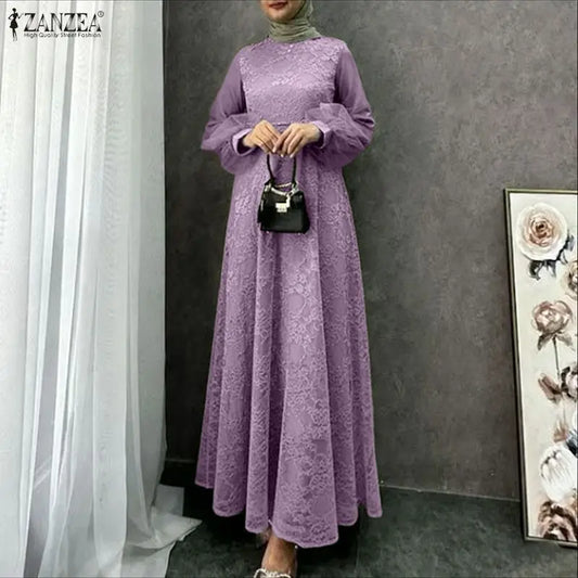 Fashion Muslim Abaya ZANZEA 2026 Spring Lace Patchwork Dresses Women Elegant Party Dress Long Sleeve Mesh Sundress Ramadan Robe