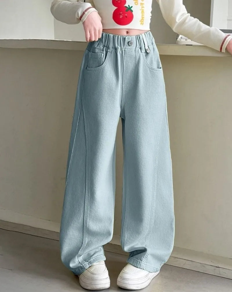 Girls' Wide Leg Pants Spring 5-12 Years Cotton Straight Leg Loose Fit Kids' Trousers Soft Breathable Fashionable Tapered Bottoms