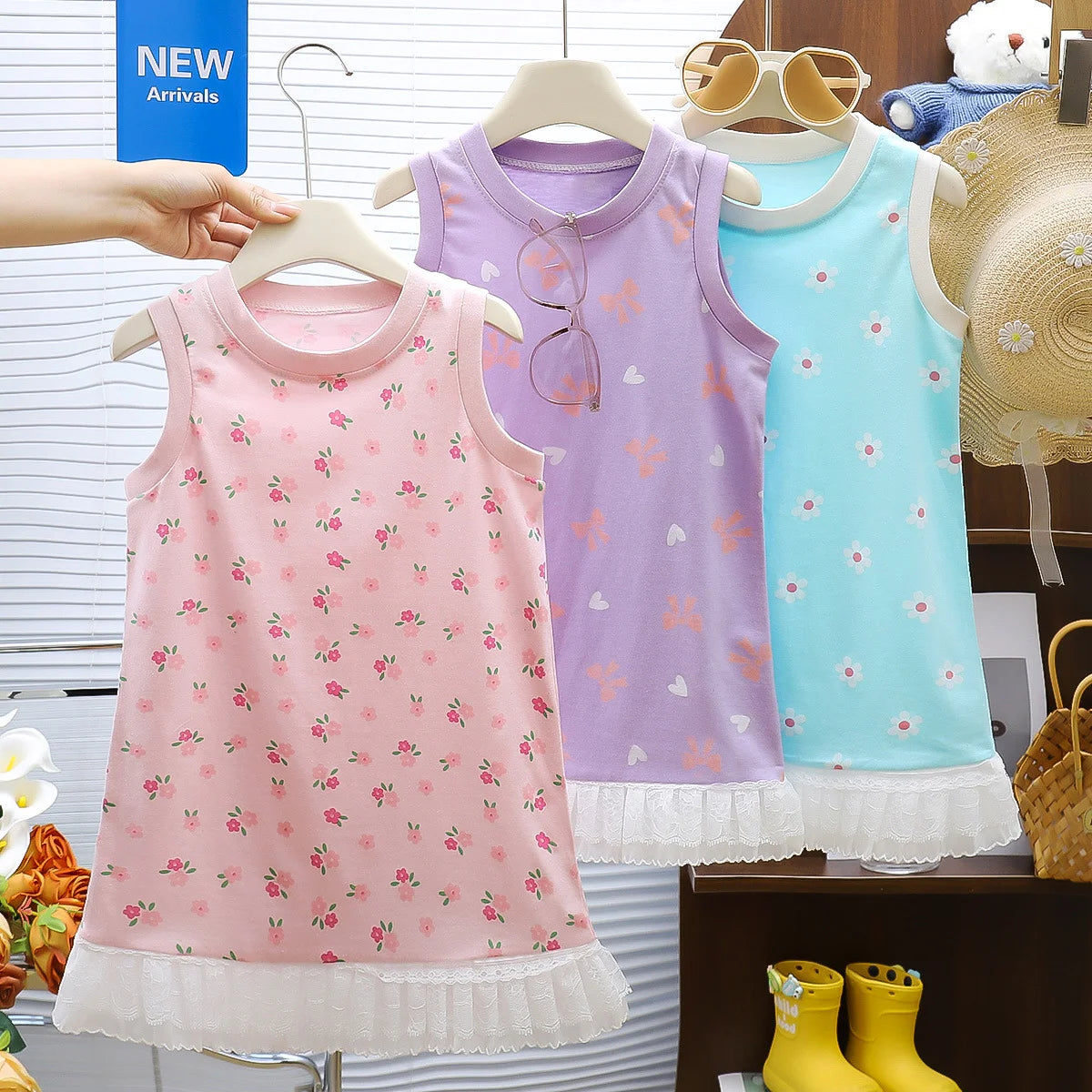 Summer Toddler Girl Dress Flowers Cotton Sleeveless Children Dress Lace Trim Kids Sundress Slip Dress Fashion Girls Clothing