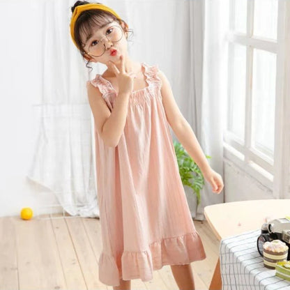 2026 New 100% Cotton Girls Summer Nightgown Thin Princess Spaghetti Strap