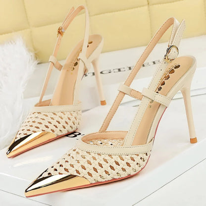 Fashion Hollow Weaving Women Pumps Metal Pointed Tip High Heels Stiletto 9.5 Cm Buckle Summer Women's High-Heeled Sandals Shoes