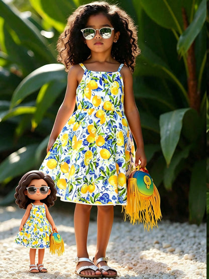 Girls 1-Piece Vacation Sundress, Lemon Blue Floral Print Spaghetti Strap A-Line Casual Summer Dress