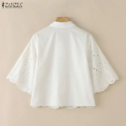 ZANZEA Women Openwork Embroidered Shirts Casual Turn-Down Collar 3/4 Sleeve Button Up Tops Summer Daily Streetwear Camisas Mujer