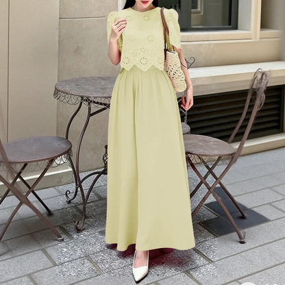 ZANZEA Women's Summer Casual Skirt Suits Openwork Embroidered Short Sleeve Tops and A-Line Long Skirts 2 Pieces Sets Outfits 3XL