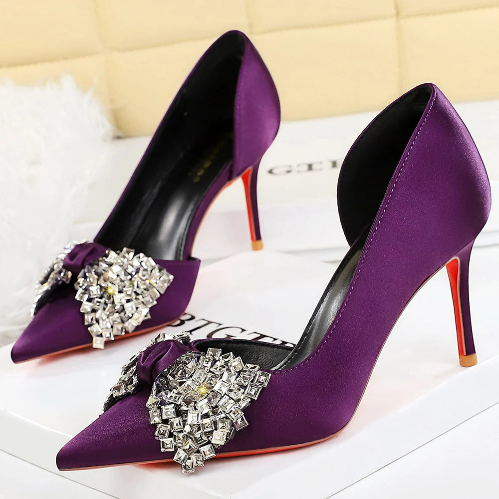BIGTREE Shoes Rhinestone Bow Women Pumps Silks Satins High Heels Luxury Banquet Shoes Stiletto 7.5 cm 10 cm Sexy Party Shoes