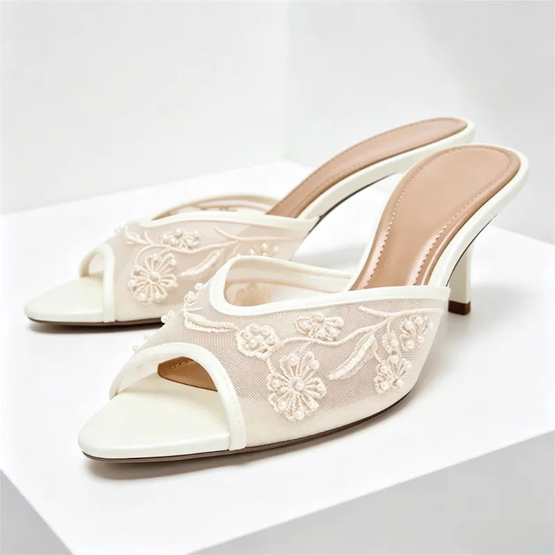 Summer Mesh Embroidery Brown Slippers Women Sexy Peep Toe Heeled Sandals for Ladies Elegant String Bead Decorative Designer Shoe