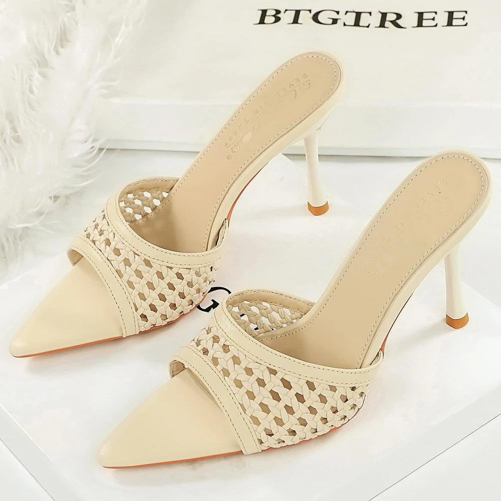 BIGTREE Shoes Weaving Design High-Heeled Sandals Women Shoes Summer Women Pumps Pointed Open-Toe Stiletto 9 CM Heeled Slippers