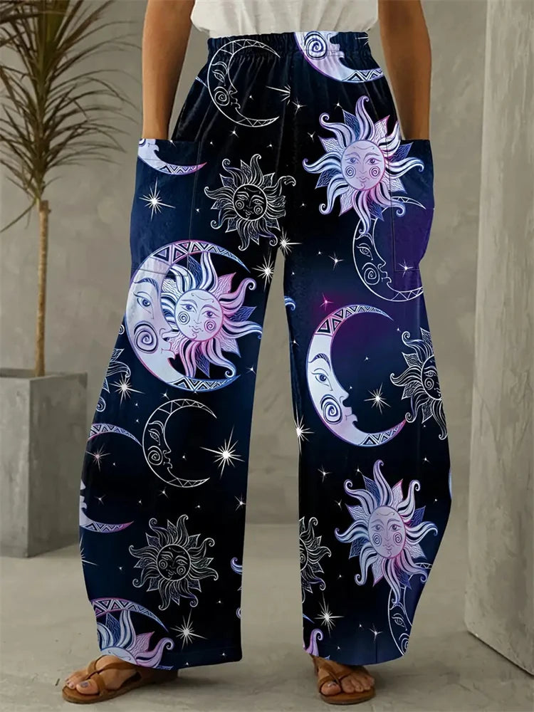 Women's Fashion New Wide-legged Pants Elegant 3d Sun, Moon And Star Printed Pants Women's Street Vintage Pants With Pockets
