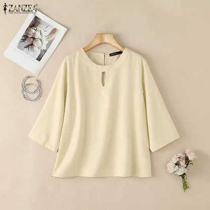 ZANZEA Woman Minimalist Loose Blouses Cutout O-Neck 3/4 Sleeve Solid Color Tunic Tops 2026 Autumn Casual Daily Wear Blusas Mujer