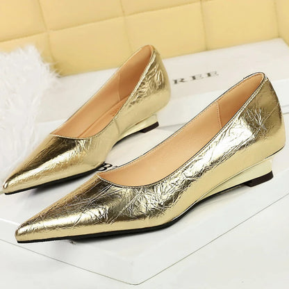 BIGTREE Shoes Women Wedges Shoes Pointed End Women Pumps Comfort Women's Shoes Low-Heel 3 CM Fashion Banquet Shoes Gold Sliver