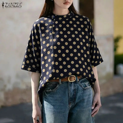 ZANZEA Summer Woman Polka Dot Blouses Vintage Mandarin Collar Half Sleeve Loose Tops Casual Daily Cotton Linen Blusas de Mujer
