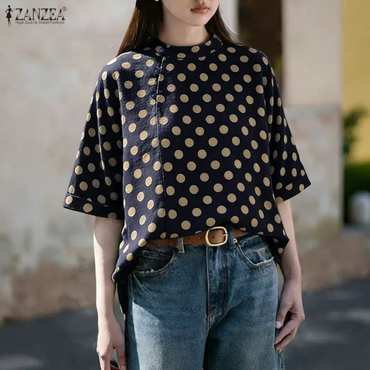 ZANZEA Summer Woman Polka Dot Blouses Vintage Mandarin Collar Half Sleeve Loose Tops Casual Daily Cotton Linen Blusas de Mujer