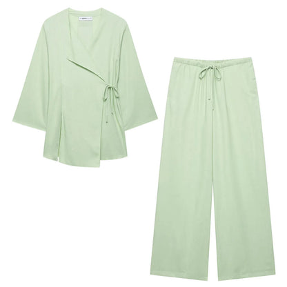 HH 2025 Spring Women Fashion Linen Suits New Solid Cardigan Kimono Top + Versatile Outerwear Female Wide Leg Long Pant
