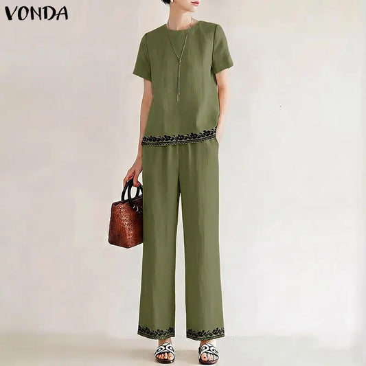VONDA Summer Thin Women Pant Sets Print 2pcs Casual Short Sleeve Tops Wide Leg Pants Streetwear Two-piece Outfits Blusas Trouser