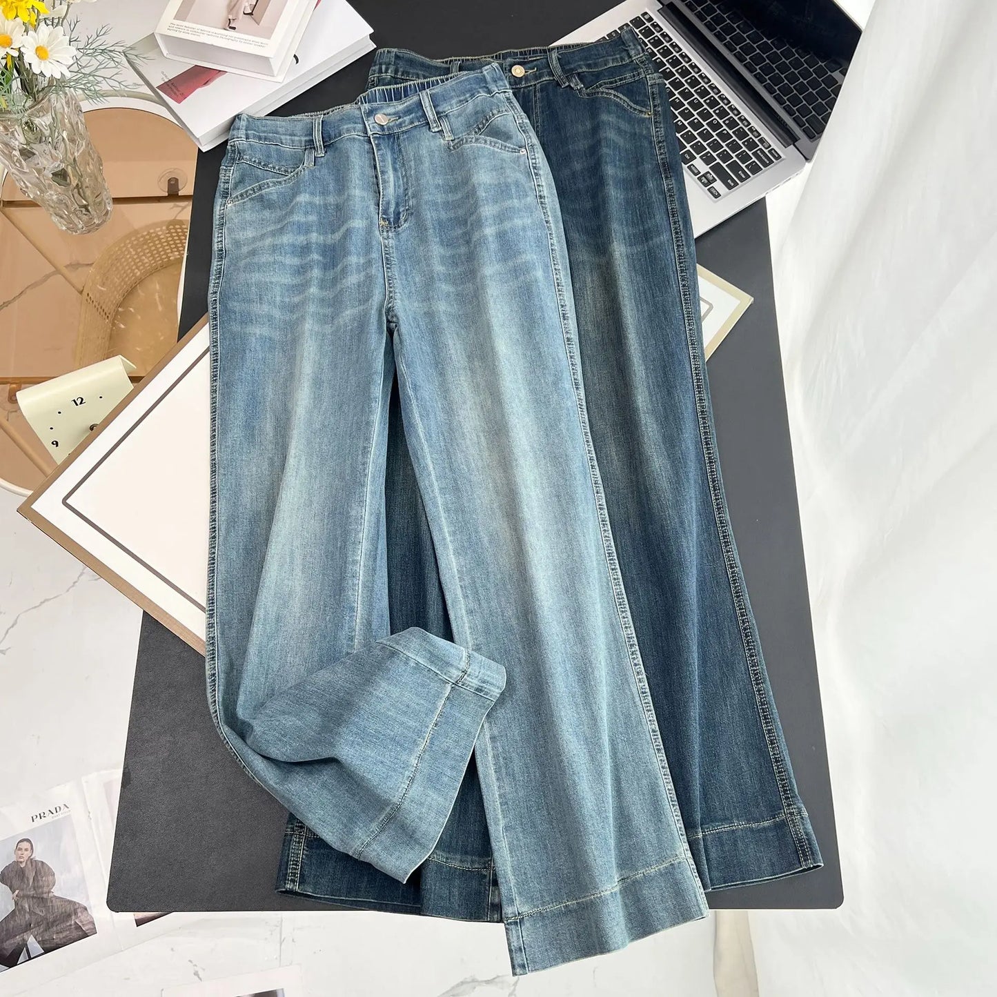 2025 Summer New Style 100kg Casual Slimming Stretch Thin Denim Straight Long Pants Plus Size Women's JEANS 8653